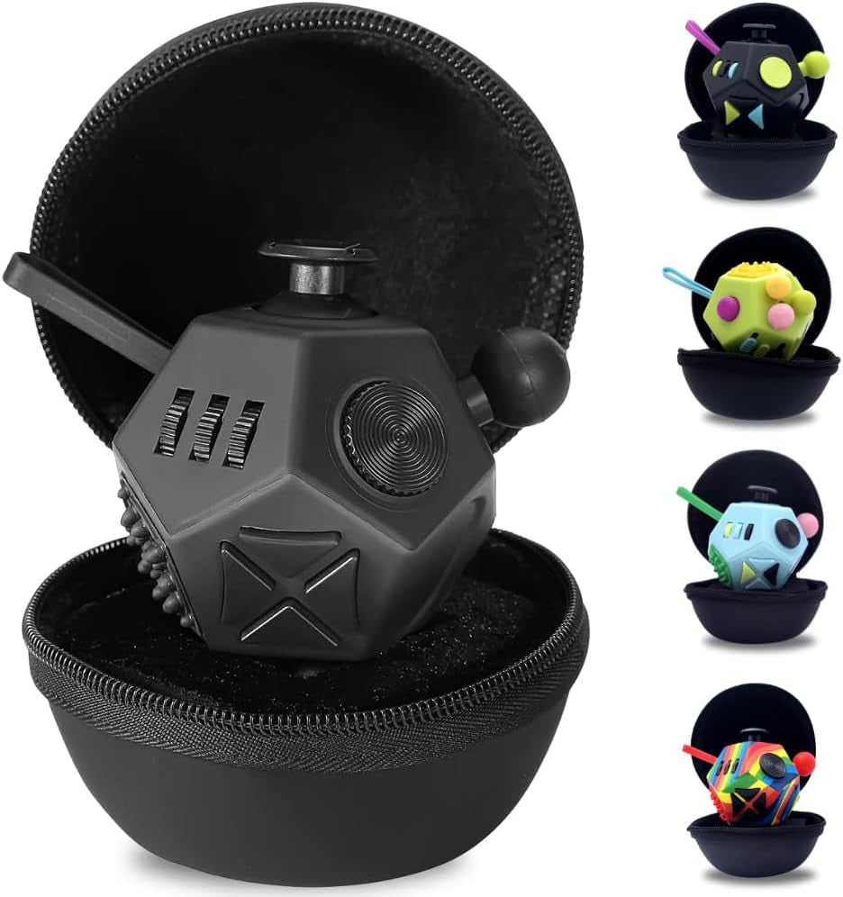 Thefube Fidget Cube with 12 Sides - Handy Anxiety Toys for Kids and Adults - Fidget Dice for Stress Relief & Focus - anti Stress Cube for ADHD, ADD, with Carry Case Black