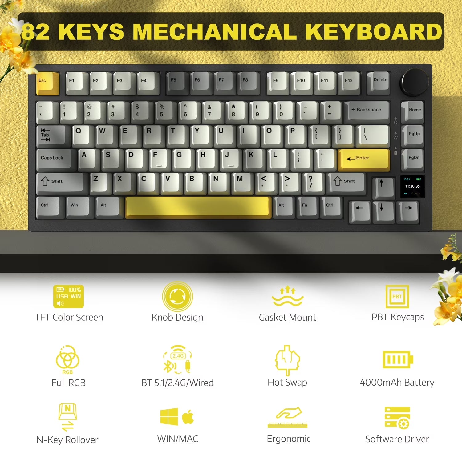 AK820 PRO Mechanical Keyboard with TFT Smart Display&Knob,2.4G Wireless/Bt5.1/Usb-C Wired,75% ANSI Layout,5 Sound Absorbing Foams,Hot-Swap Linear Switch,Rgb Backlit,For PC,MAC (Grey)