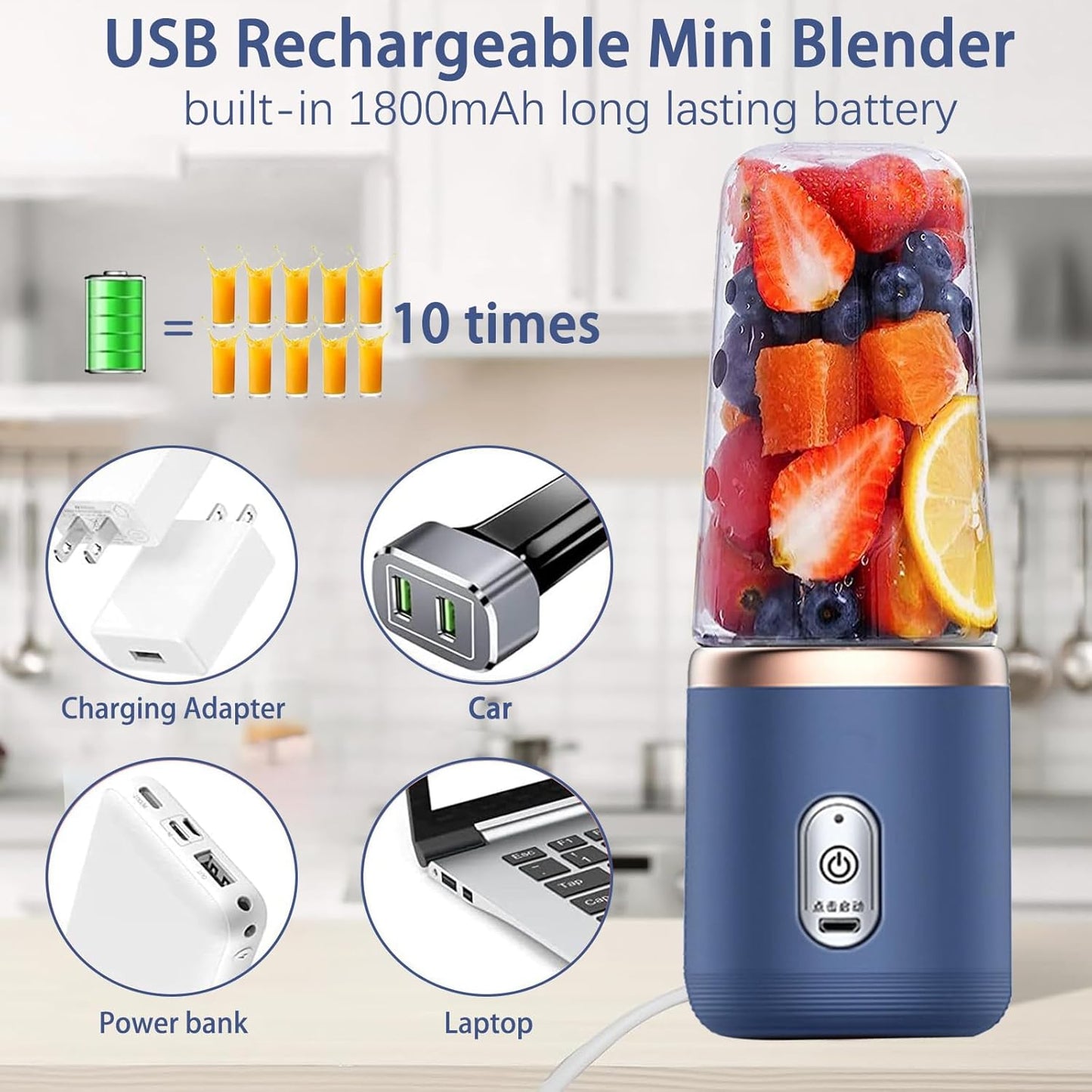 Portable Blender, Personal Blender USB Rchargeable, Mini Blender for Shakes and Smoothies, 400ML Portable Fruit Veggie Juicer Cup with 6 Blades and Travel Lid, Handheld Blender for Travel Gym Kitchen