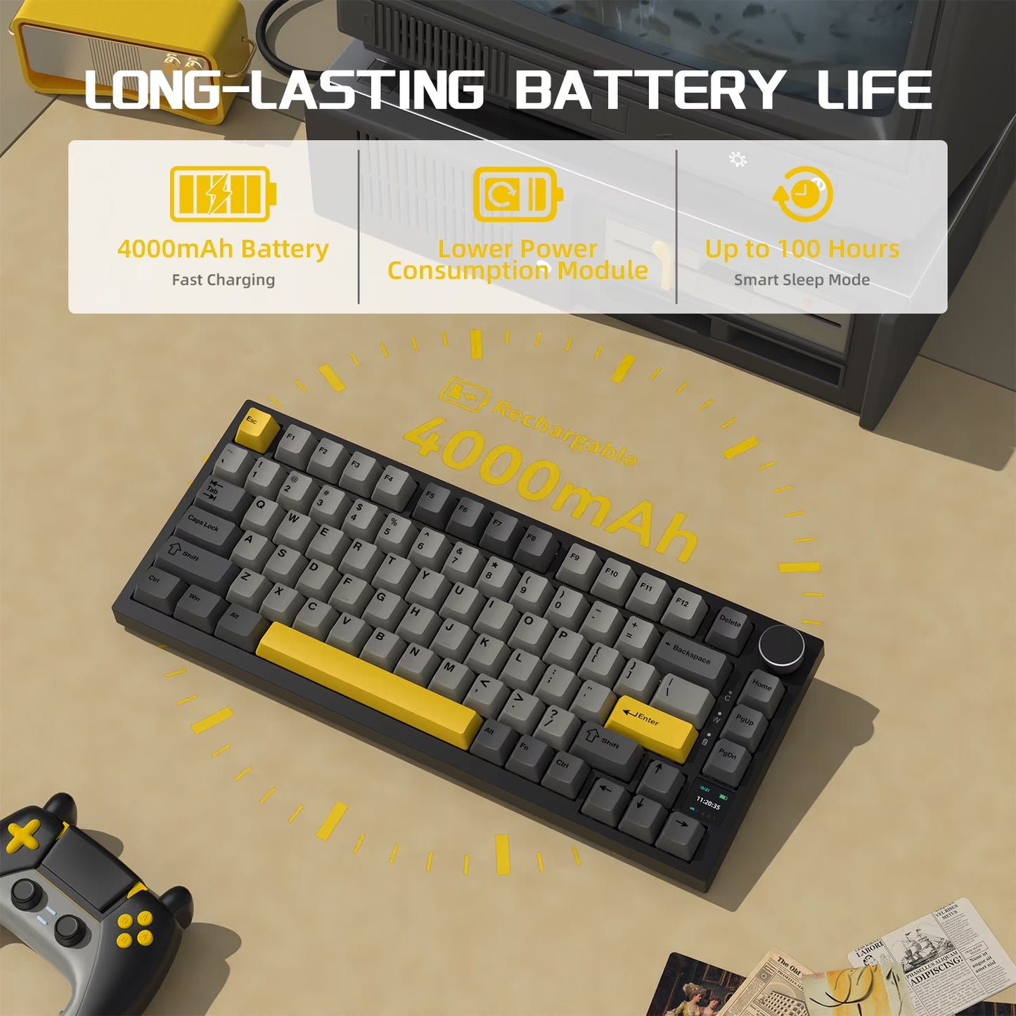 AK820 PRO Mechanical Keyboard with TFT Smart Display&Knob,2.4G Wireless/Bt5.1/Usb-C Wired,75% ANSI Layout,5 Sound Absorbing Foams,Hot-Swap Linear Switch,Rgb Backlit,For PC,MAC (Grey)