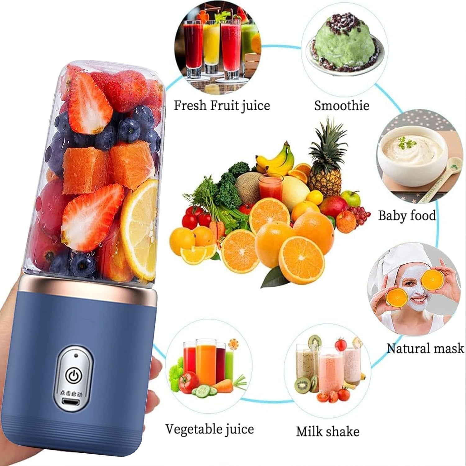 Portable Blender, Personal Blender USB Rchargeable, Mini Blender for Shakes and Smoothies, 400ML Portable Fruit Veggie Juicer Cup with 6 Blades and Travel Lid, Handheld Blender for Travel Gym Kitchen