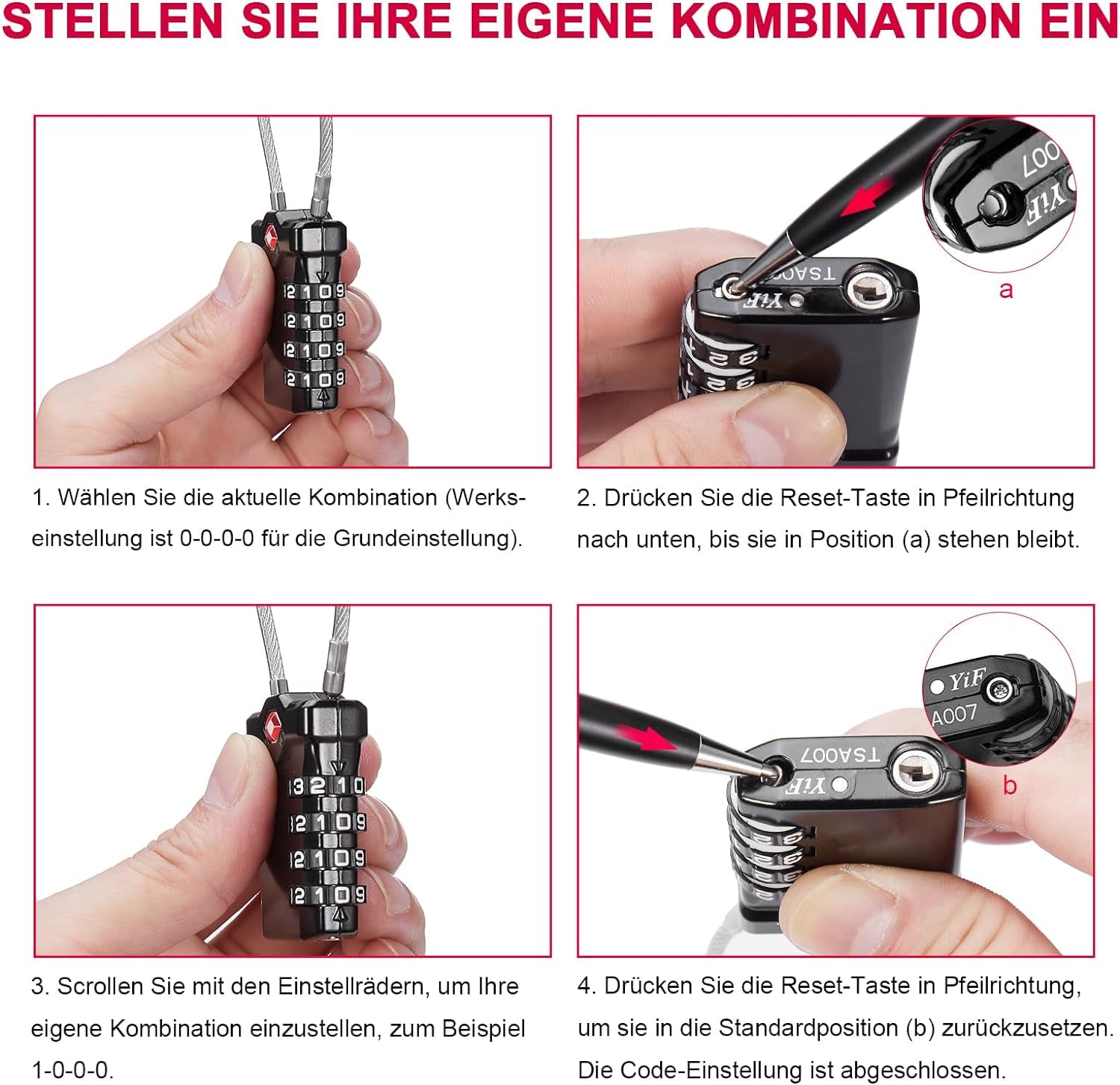 ZHEGE TSA Gepäckschloss, TSA Zahlenschloss Vorhängeschloss 4 Stellig, Schloss Rreisekoffer Mit Öffnung Alarmanzeige, TSA Kabelschloss Für Koffer, Gepäck, Tasche Waffenkoffer, Spind (2 Stücke, Schwarz)
