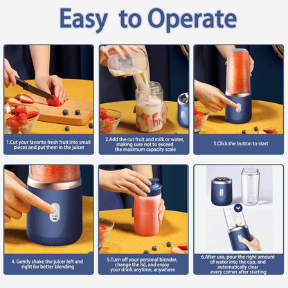 Portable Blender, Personal Blender USB Rchargeable, Mini Blender for Shakes and Smoothies, 400ML Portable Fruit Veggie Juicer Cup with 6 Blades and Travel Lid, Handheld Blender for Travel Gym Kitchen