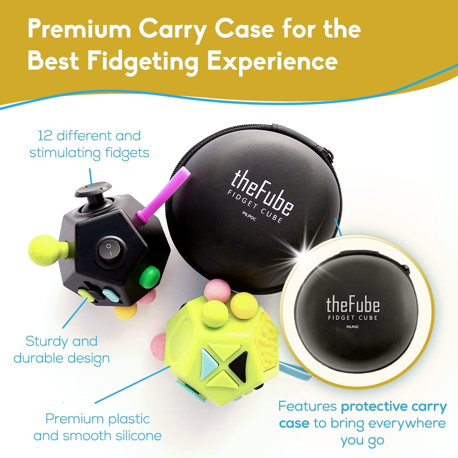Thefube Fidget Cube with 12 Sides - Handy Anxiety Toys for Kids and Adults - Fidget Dice for Stress Relief & Focus - anti Stress Cube for ADHD, ADD, with Carry Case Black