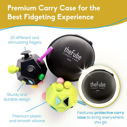 Thefube Fidget Cube with 12 Sides - Handy Anxiety Toys for Kids and Adults - Fidget Dice for Stress Relief & Focus - anti Stress Cube for ADHD, ADD, with Carry Case Black