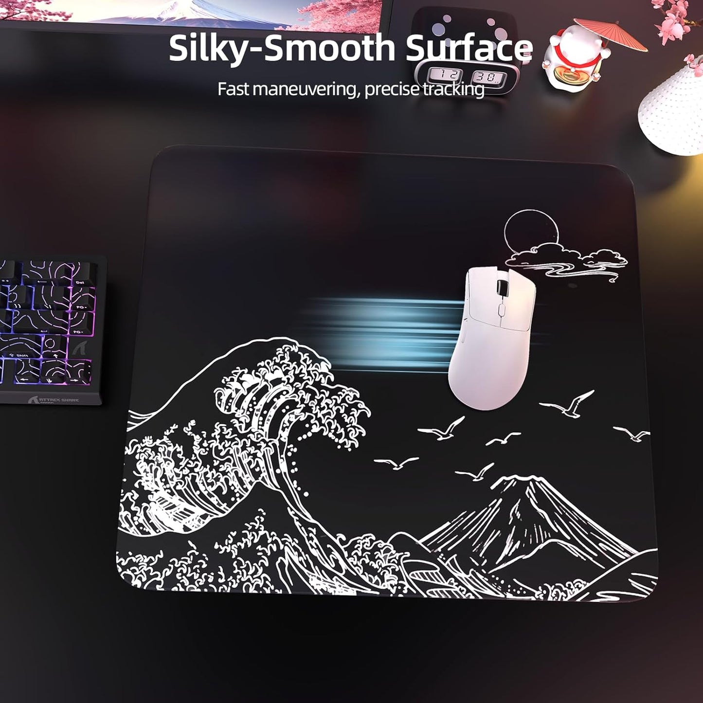 Attack Shark CM05 Contour Glass Gaming Mousepad,Nano-Micro-Etched Texture,Smooth Glass Surface,High Accuracy,Fast-Moving,Anti-Scratch, PU Leather Super Non-Slip Base,Large Size(450×400Mm),Black Waves