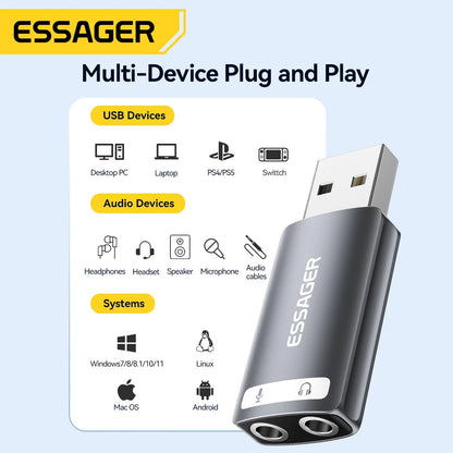 External USB Sound Card to 3.5Mm Mic Headphone Jack Stereo Headset Audio Microphone Adapter Speaker Interface for Laptop