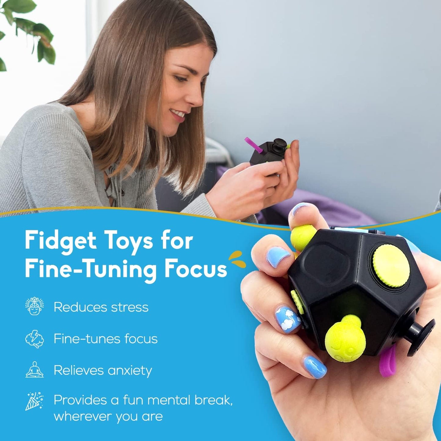 Thefube Fidget Cube with 12 Sides - Handy Anxiety Toys for Kids and Adults - Fidget Dice for Stress Relief & Focus - anti Stress Cube for ADHD, ADD, with Carry Case Black