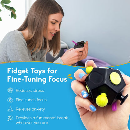 Thefube Fidget Cube with 12 Sides - Handy Anxiety Toys for Kids and Adults - Fidget Dice for Stress Relief & Focus - anti Stress Cube for ADHD, ADD, with Carry Case Black