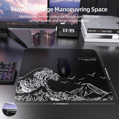 Attack Shark CM05 Contour Glass Gaming Mousepad,Nano-Micro-Etched Texture,Smooth Glass Surface,High Accuracy,Fast-Moving,Anti-Scratch, PU Leather Super Non-Slip Base,Large Size(450×400Mm),Black Waves