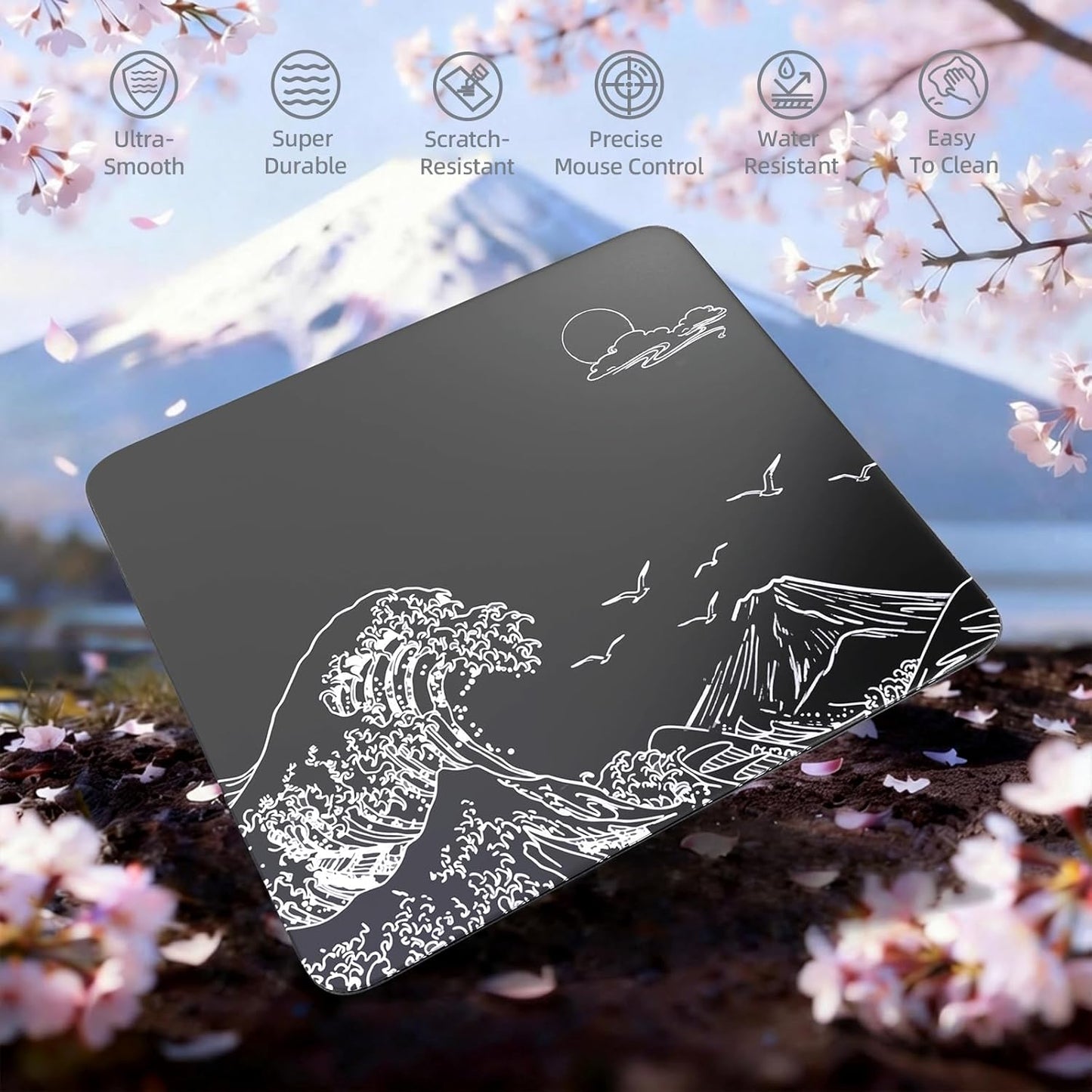 Attack Shark CM05 Contour Glass Gaming Mousepad,Nano-Micro-Etched Texture,Smooth Glass Surface,High Accuracy,Fast-Moving,Anti-Scratch, PU Leather Super Non-Slip Base,Large Size(450×400Mm),Black Waves