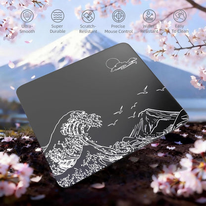 Attack Shark CM05 Contour Glass Gaming Mousepad,Nano-Micro-Etched Texture,Smooth Glass Surface,High Accuracy,Fast-Moving,Anti-Scratch, PU Leather Super Non-Slip Base,Large Size(450×400Mm),Black Waves