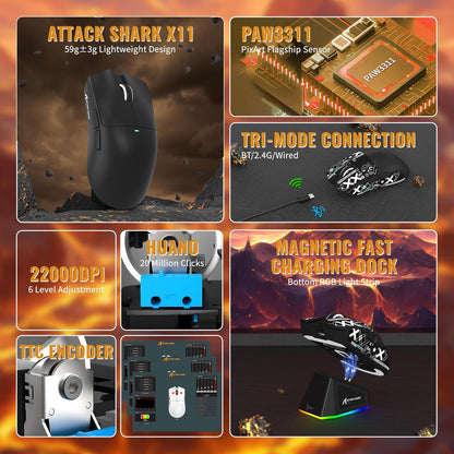 ATTACK SHARK X11&X60HE Mechanical Wireless Gaming Combo,Rapid Trigger Magnetic Switches 8K Keyboard,59G Ultra-Light Mouse with Charging Dock, 22K DPI,PAW3311,RGB Backlit 3-Mode with Coiled Cable-Black