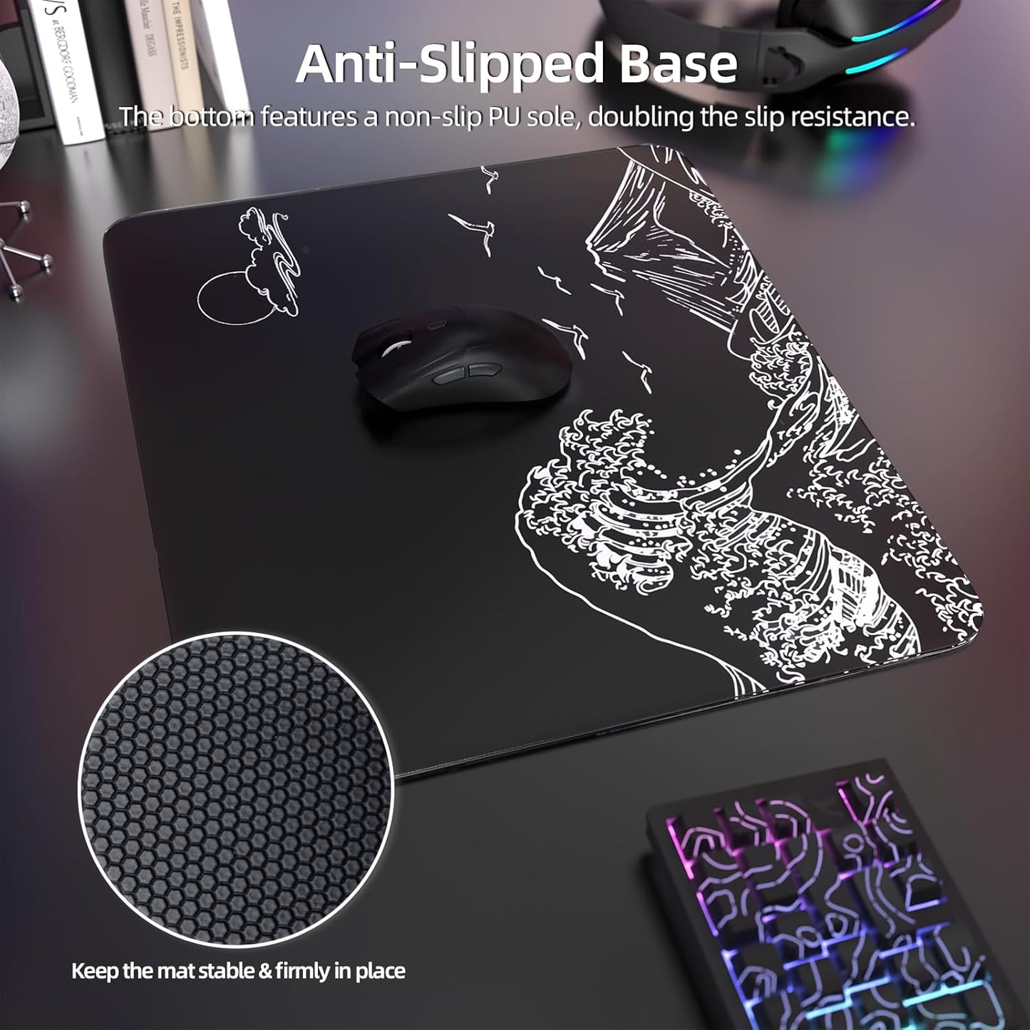 Attack Shark CM05 Contour Glass Gaming Mousepad,Nano-Micro-Etched Texture,Smooth Glass Surface,High Accuracy,Fast-Moving,Anti-Scratch, PU Leather Super Non-Slip Base,Large Size(450×400Mm),Black Waves