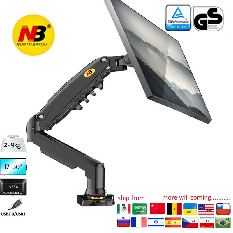 NB NEW F80 17-30" 2-9Kg Dual Arm Air Press Gas Spring Vesa 100X100 Monitor Desk Mount Stand Clamp Grommet Base PC Desk Holder