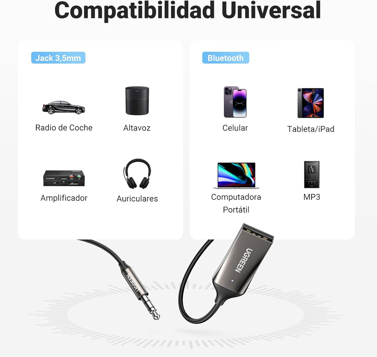 UGREEN Receptor Bluetooth 6.0 Adaptador Jack 3.5Mm Aux Auxiliar Conector Audio Coche Manos Libres, Gris Oscuro