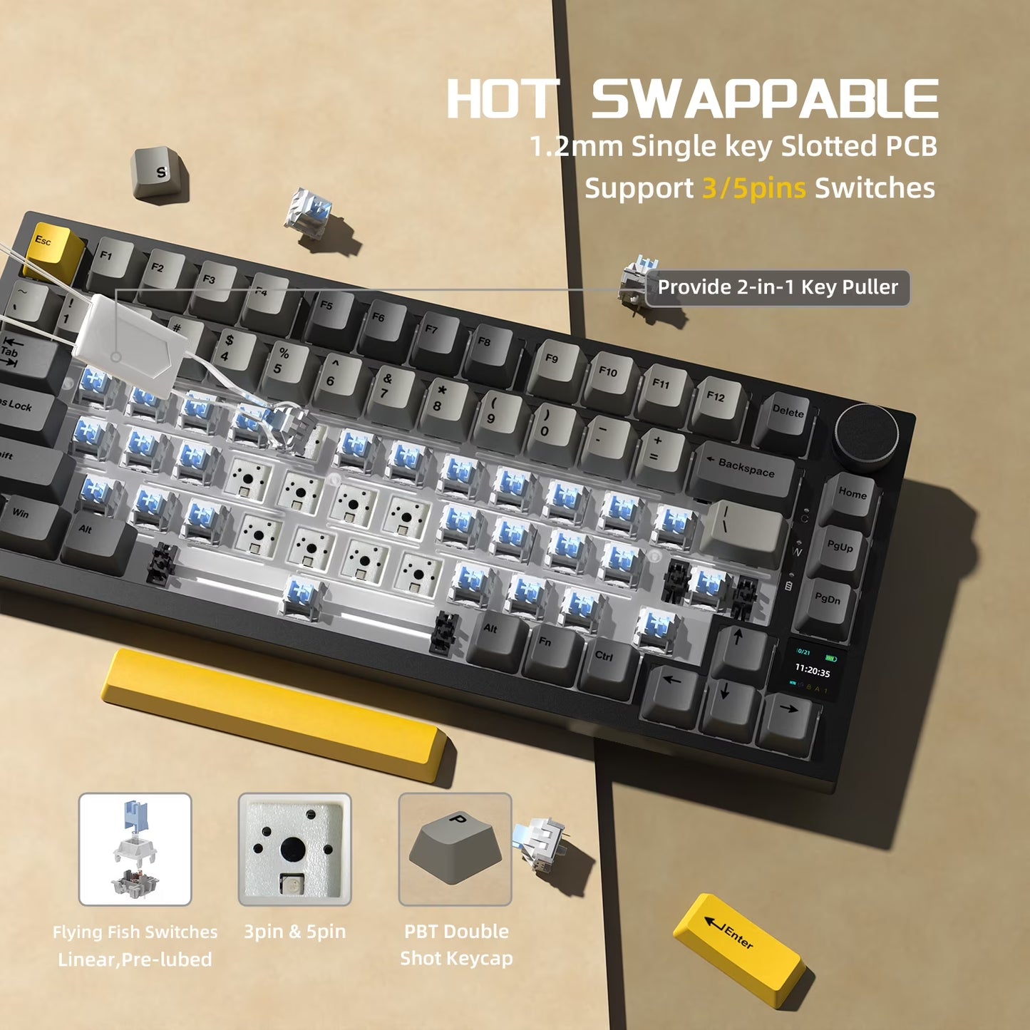 AK820 PRO Mechanical Keyboard with TFT Smart Display&Knob,2.4G Wireless/Bt5.1/Usb-C Wired,75% ANSI Layout,5 Sound Absorbing Foams,Hot-Swap Linear Switch,Rgb Backlit,For PC,MAC (Grey)