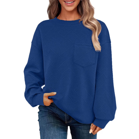 Women'S Casual Textured Sweatshirts 2024 Fall Winter Long Sleeve Blouse Drop Shoulder Crew Neck Pullover Tops with Pocket under $10 Blue,S