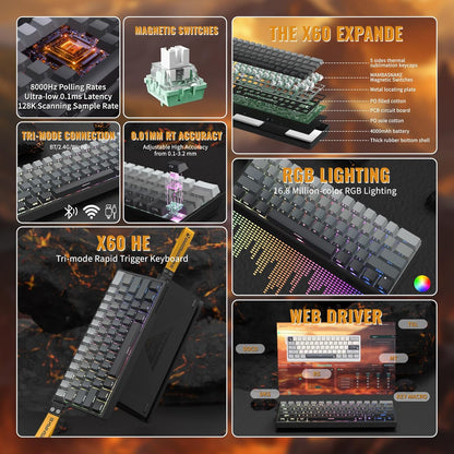 ATTACK SHARK X11&X60HE Mechanical Wireless Gaming Combo,Rapid Trigger Magnetic Switches 8K Keyboard,59G Ultra-Light Mouse with Charging Dock, 22K DPI,PAW3311,RGB Backlit 3-Mode with Coiled Cable-Black