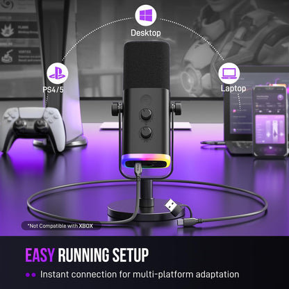 USB/XLR Dynamic Microphone for Podcast Recording, PC Computer Gaming Streaming Mic with RGB Light, Mute Button, Headphones Jack, Desktop Stand, Vocal Mic for Singing Youtube-Ampligame AM8