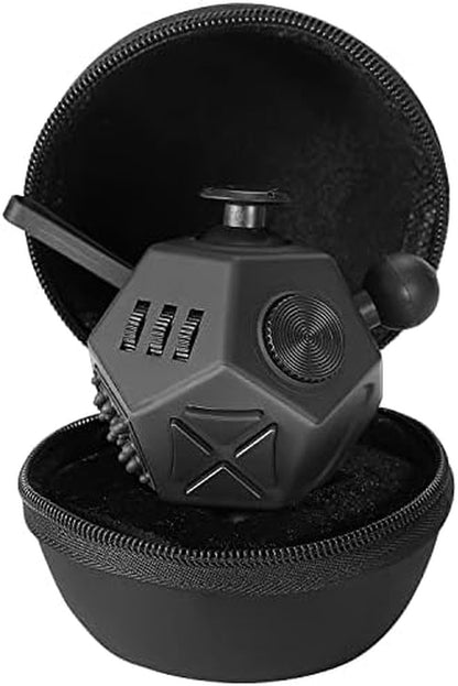 Thefube Fidget Cube with 12 Sides - Handy Anxiety Toys for Kids and Adults - Fidget Dice for Stress Relief & Focus - anti Stress Cube for ADHD, ADD, with Carry Case Black